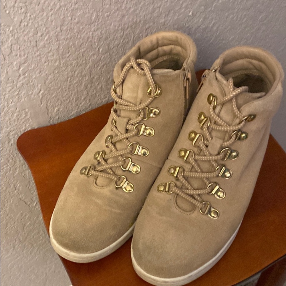 Kenzie Tan Suede Lorie Bootie Sneakers with Gold Accents